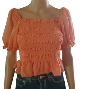 HYFVE Size M Woman's Ruched Puff Sleeved Babydoll Crop Top Y2K Peach